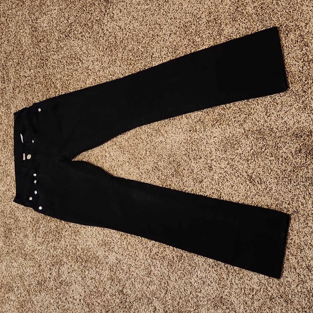 True Religion, Straight size 27, black denim w silver buttons, no flaws